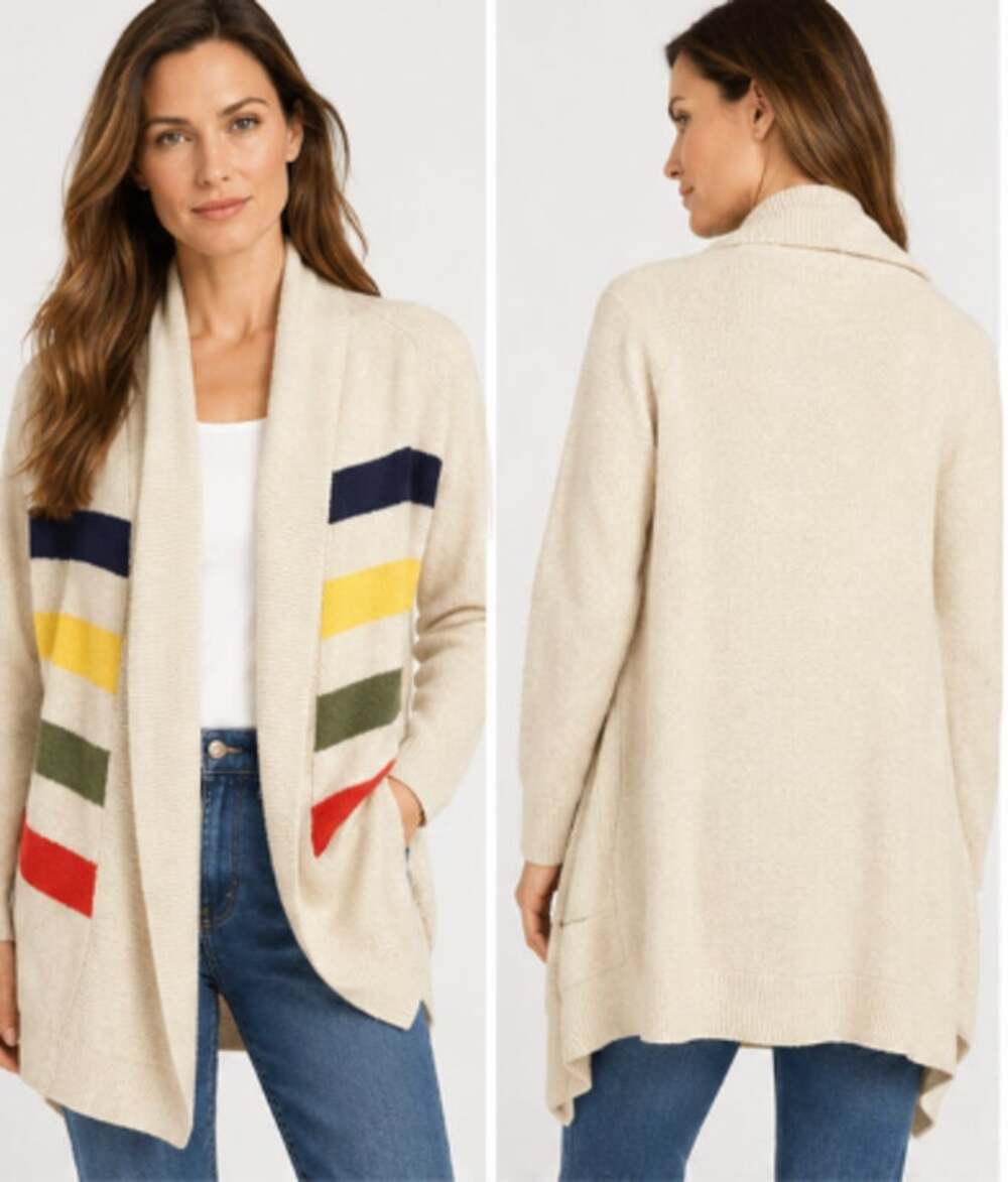 Talbots LG Lambswool Cotton Cardigan Cream Colorblock Stripe Open Front Sweater